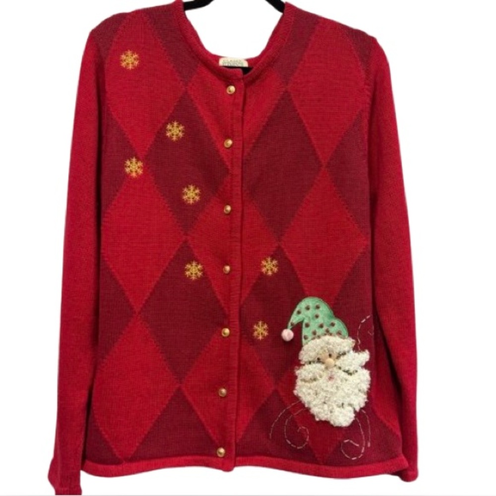 Vintage 90s Classic Elements Santa Cardigan L Red Argyle Beaded Sweater